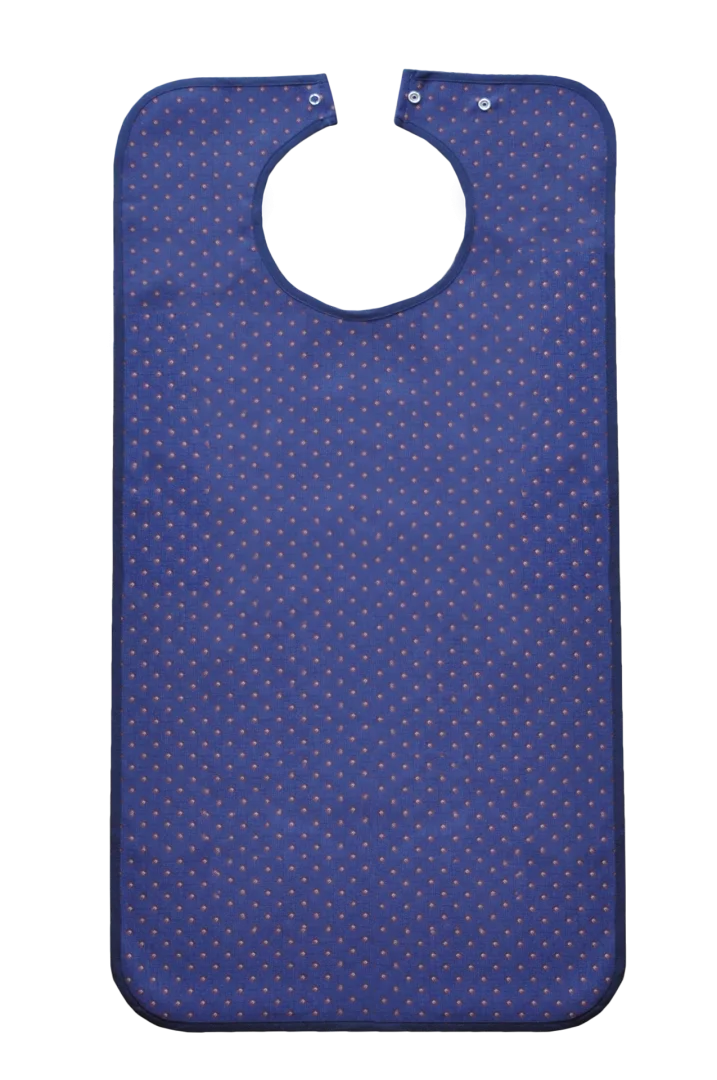 Blau-gemusterte Suprima Ess-Schürze mit Druckknopfverschluss, feuchtigkeitsundurchlässig dank PU-Beschichtung, leicht saugend, ideal für Pflegebedürftige. Material: 100 % Polyester. Maße: 90 × 46 cm. (5572)