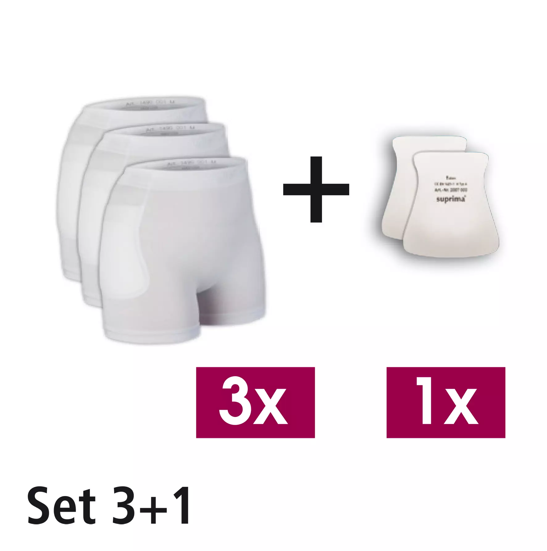 Hüftschutz-Set 3 + 1 von Suprima, enthält 3 Slips (Modell 1490) und 1 Paar Protektoren (Modell 2007), unisex, hochelastisch, bequem im Liegen und bei Aktivitäten, waschbar bei 95 °C. 1490-3