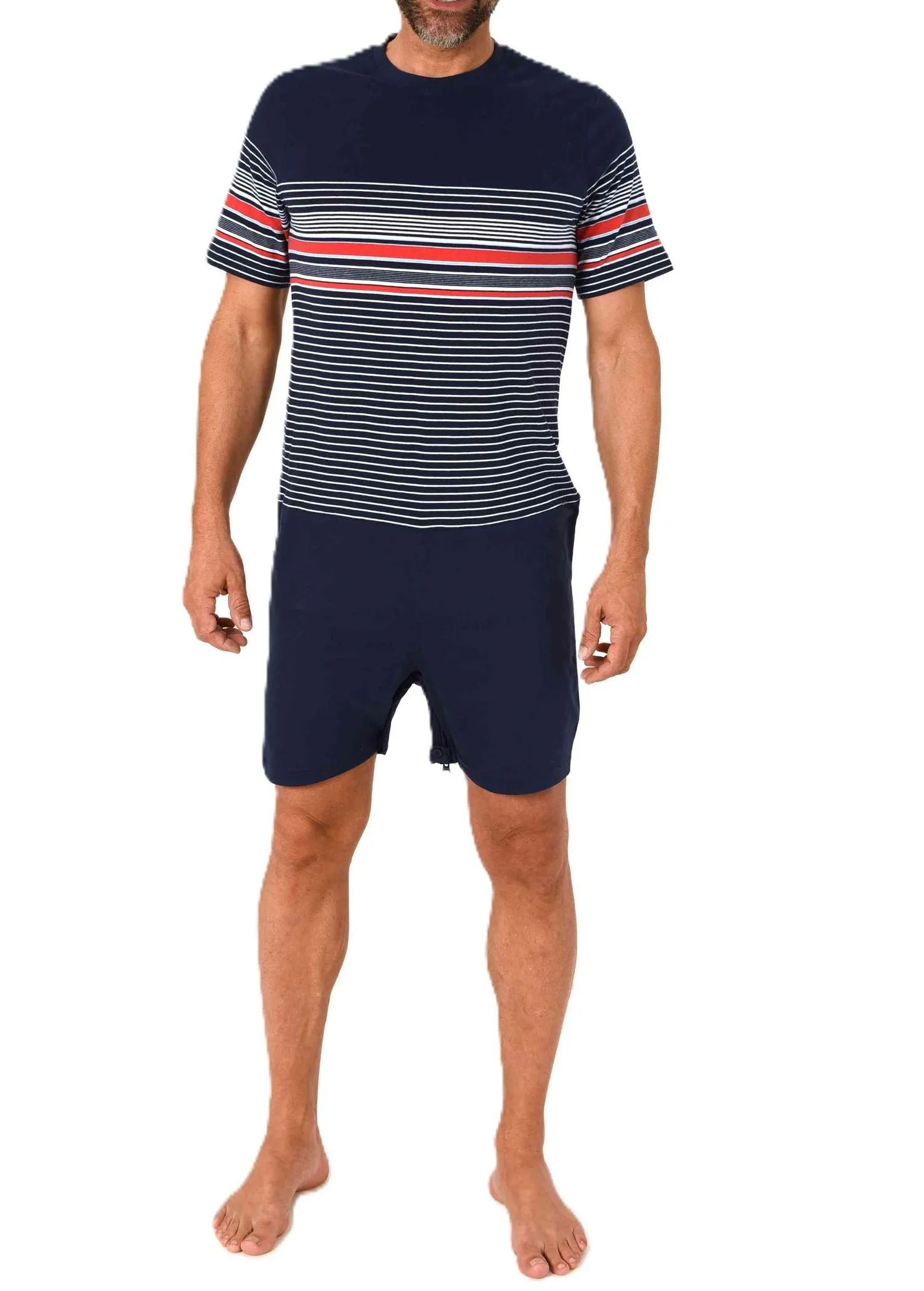 Herren Pflegeoverall Einteiler Schlafanzug Marine - Vorderansicht