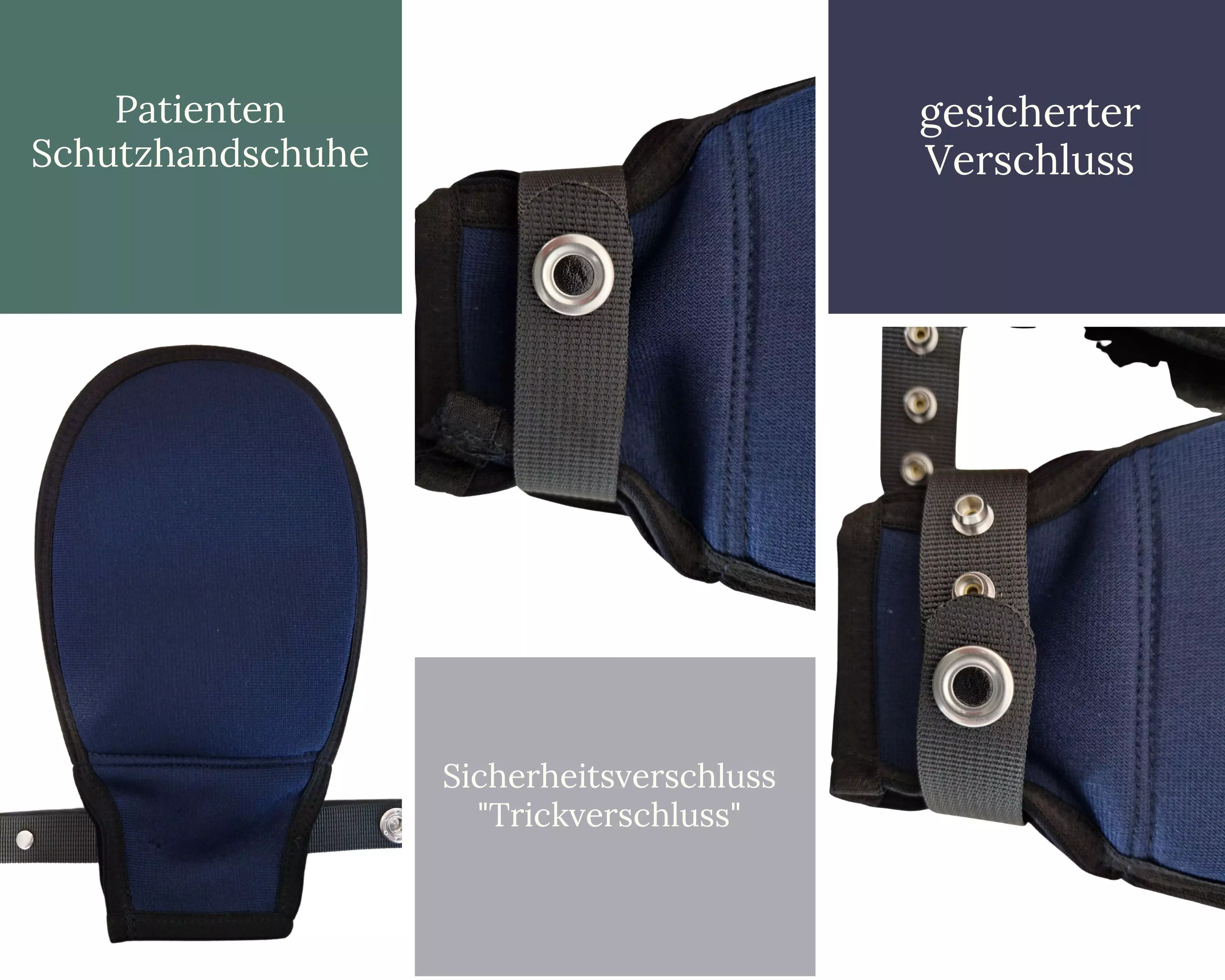 Patientenschutzhandschuhe aus robustem Material, spezielle Druckknopfverschlüsse mit Sicherung, verhindern selbstständiges Ausziehen, atmungsaktiv, waschbar bis 60 °C, Universalgröße. 4832