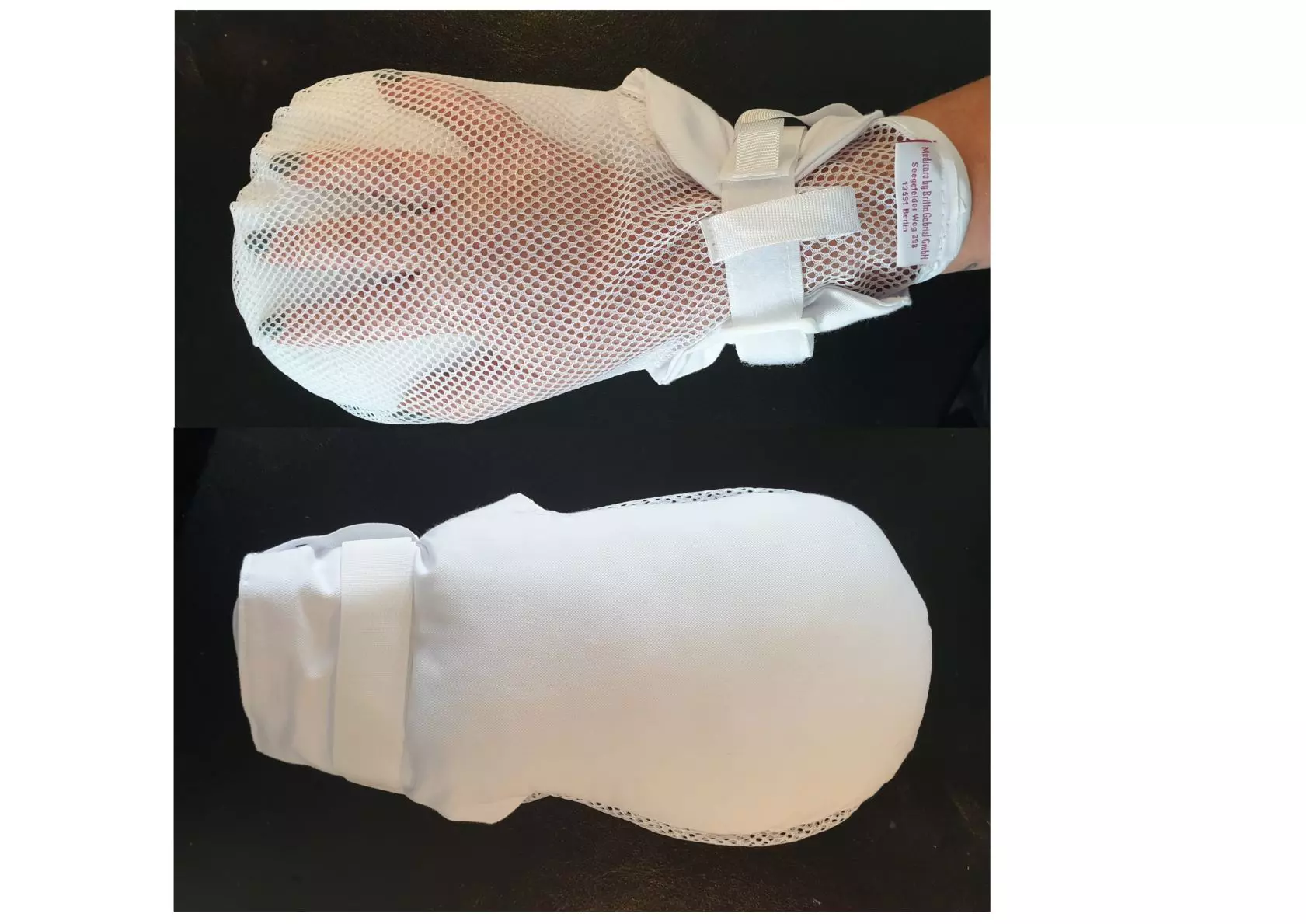 Nahaufnahme des Klettverschlusses und Sichtnetzes der Medicare Patientenschutzhandschuhe, bietet sicheren Halt, ermöglicht Sichtkontrolle der Hand, ideal für Pflegebedürftige. Waschbar bis 60 °C. (4814)