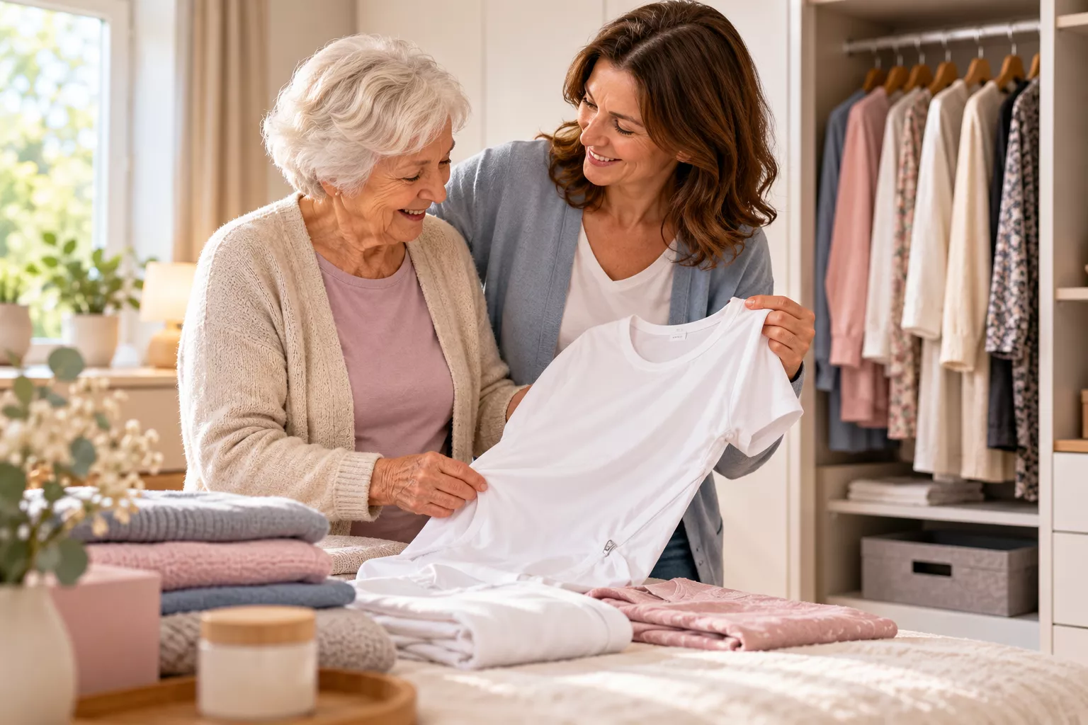 Seniorin wählt Kledidung aus