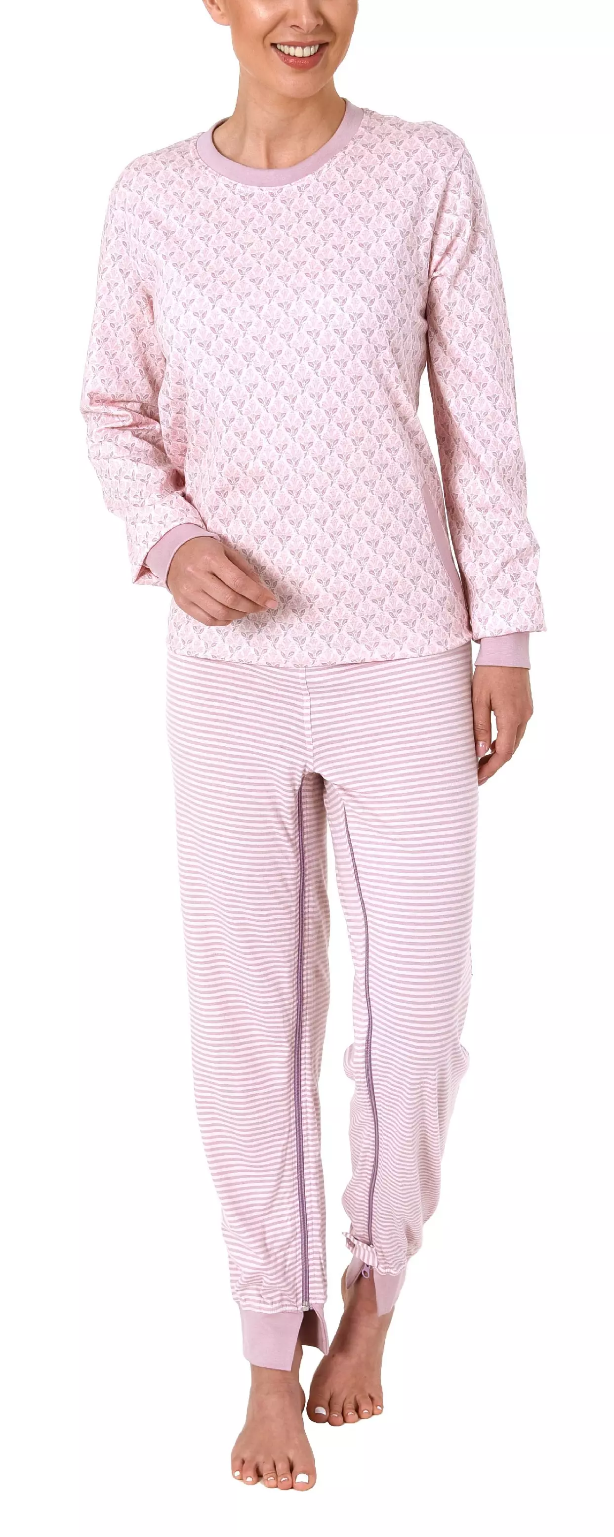 Pflegeoverall Damen langarm‑/langbein rosé mit diagonalem Rücken‑ & Bein‑RV