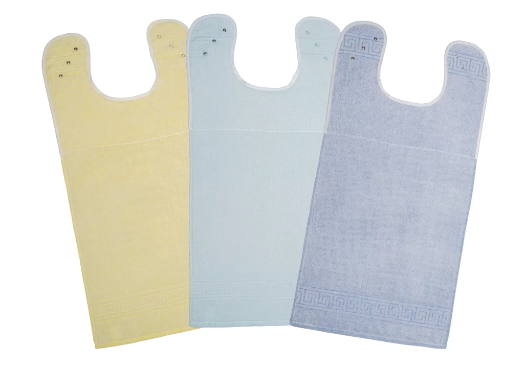 Suprima Ess-Schürze Frottee im 3er-Set, unbeschichtet, schützt Kleidung vor Verschmutzung, verstellbare Halsweite durch nickelfreie Druckknöpfe, einfache Handhabung. Material: 100 % Baumwolle. Maße: 100 × 50 cm. (5529)