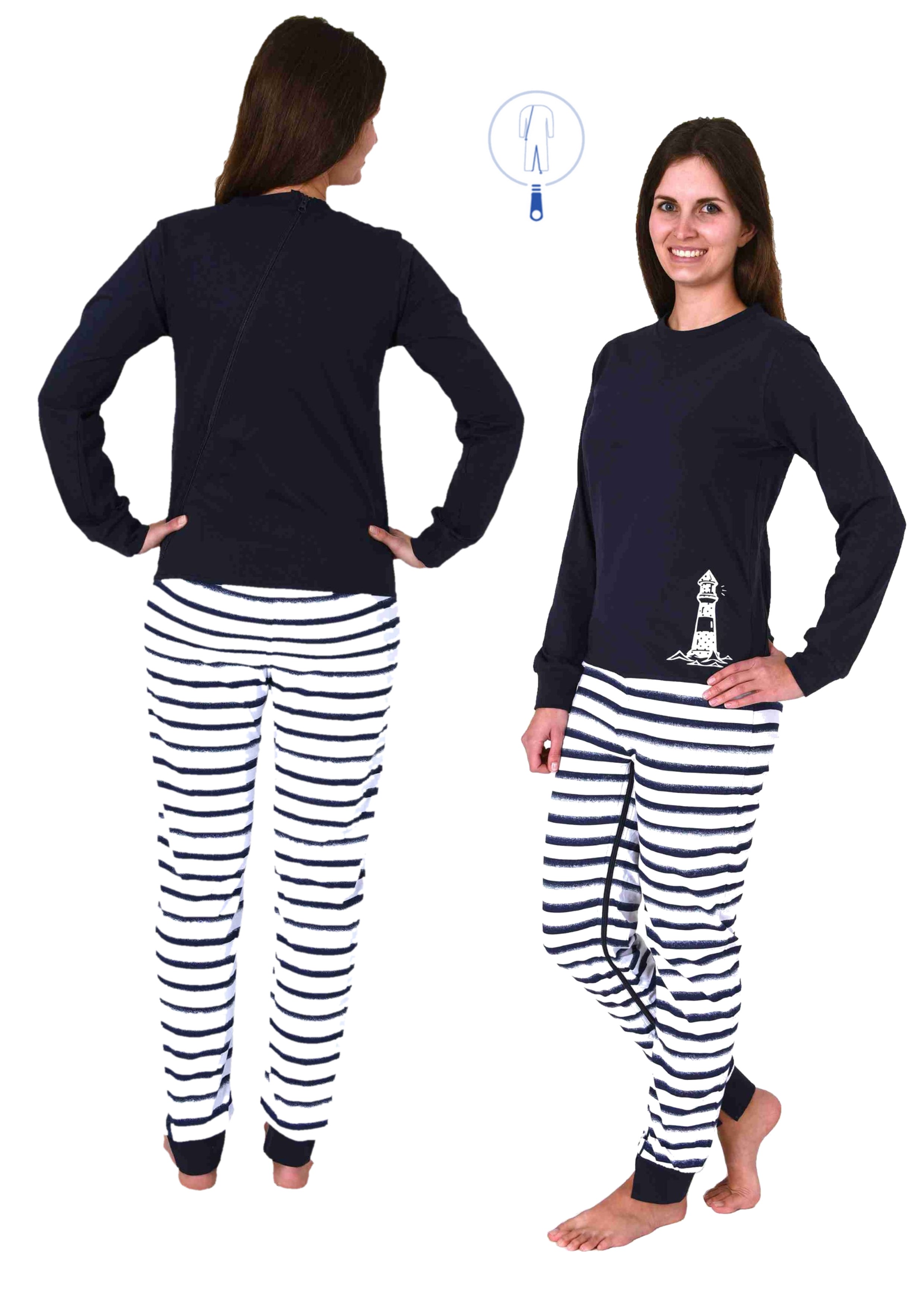 Pflegeoverall für Damen mit langem Arm und Bein, zwei reißverschlüsse, maritime Optik
