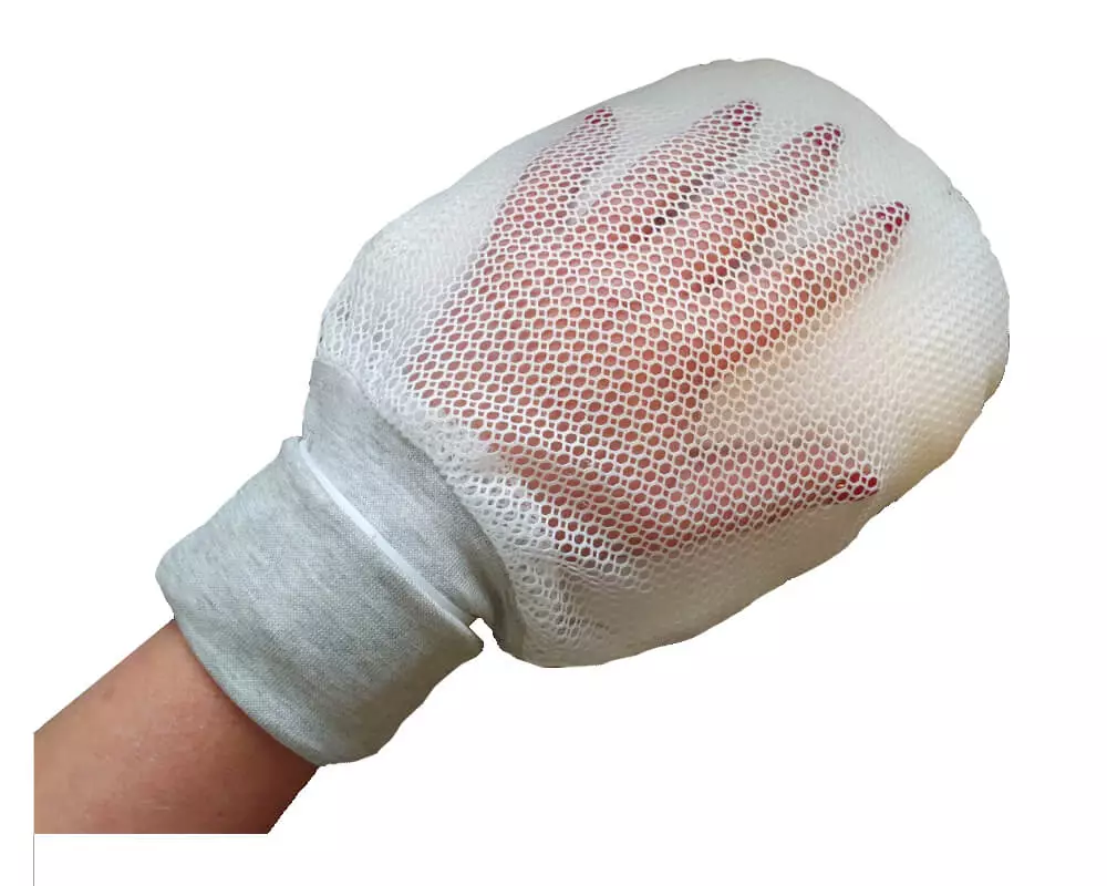 Medicare Patientenschutzhandschuhe 4814 mit Sichtnetz, dick gepolsterte Handinnenfläche, atmungsaktives Material, verhindert Eigen- und Fremdverletzungen, ermöglicht Sichtkontrolle der Hände. Universalgröße. (4814)