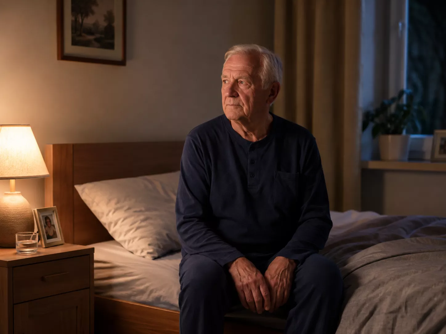 Senior sitzt nachts nachdenklich am Bettrand in einem ruhigen Schlafzimmer