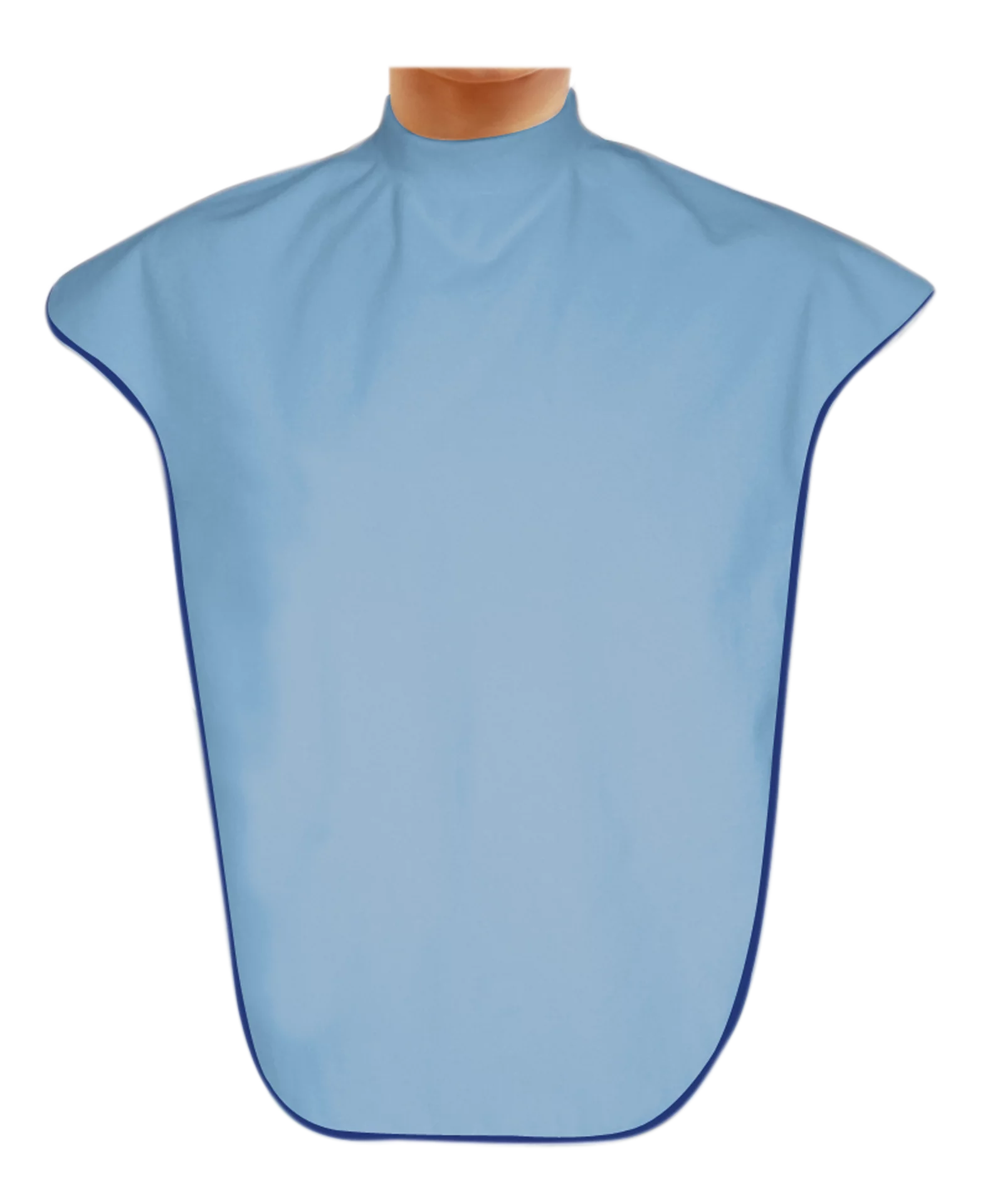 Hellblaue Suprima Ess-Schürze 5042 mit Schulterschutz, feuchtigkeitsundurchlässiger PU-Beschichtung, schützt Kleidung vor Verschmutzung, ideal für Pflegeeinrichtungen und häusliche Pflege. Material: 80 % Baumwolle, 20 % Polyester. Maße: 87 × 47 cm. 