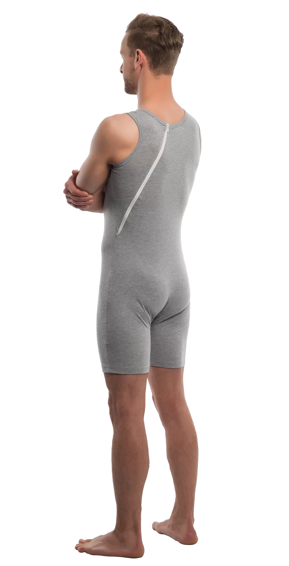 Suprima Pflegebody in Grau, ärmellos, mit diagonalem Rückenreißverschluss, erleichtert die Pflege und verhindert ungewolltes Entkleiden, ideal zur Fixierung von Inkontinenzmaterial. Material: 92 % Baumwolle, 8 % Elasthan. Größen S bis XXL