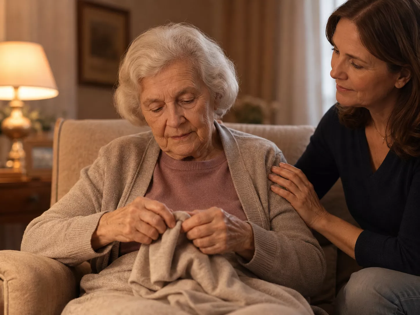 Seniorin mit Demenz nestelt an einem weichen Tuch, während eine Angehörige sie ruhig begleitet
