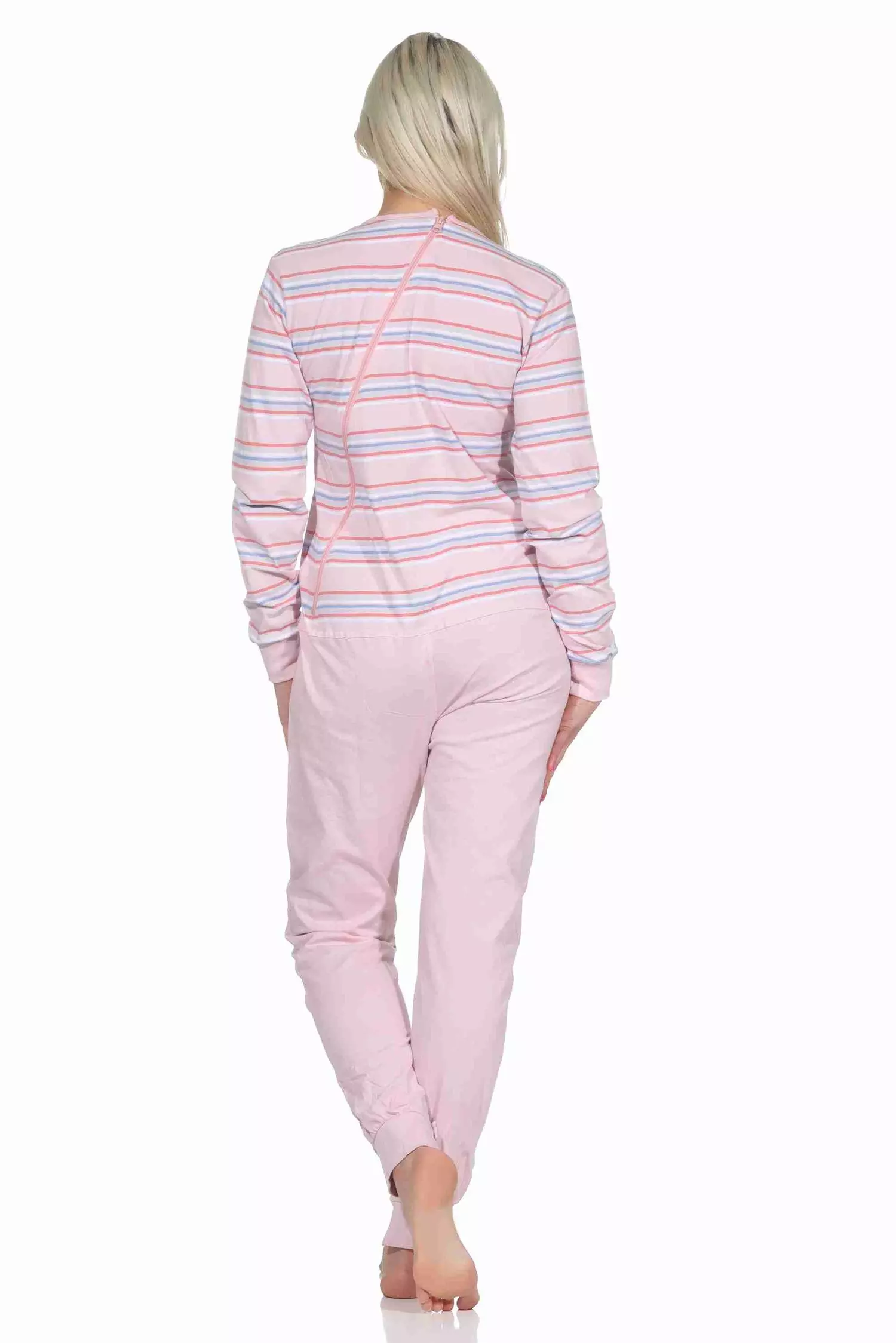 Rückansicht des rose farbenen Pflegeoveralls für Damen mit Rücken- und Beinreißverschluss