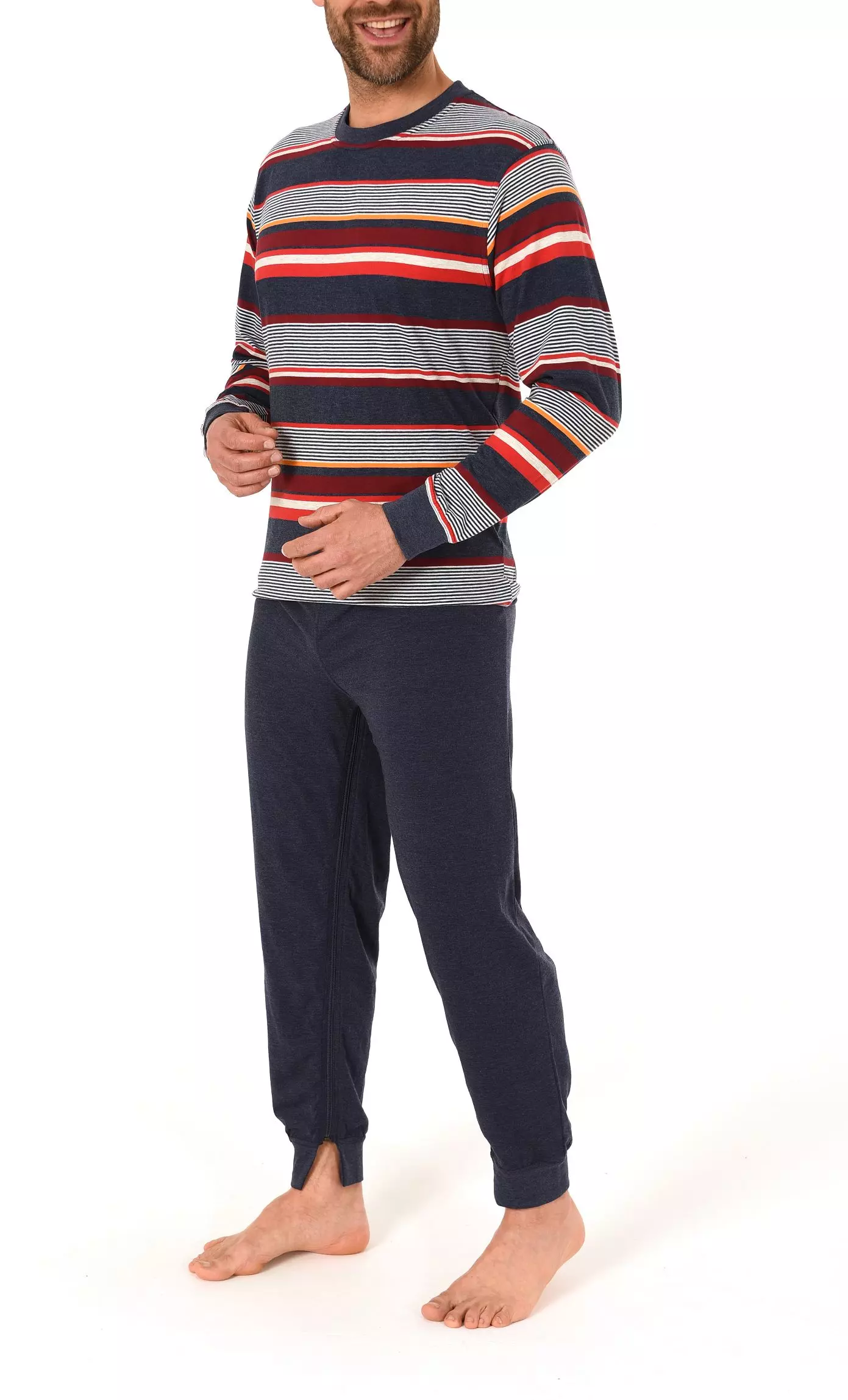 Pflegeoverall Herren mit getreiftem Oberteil marine und rot