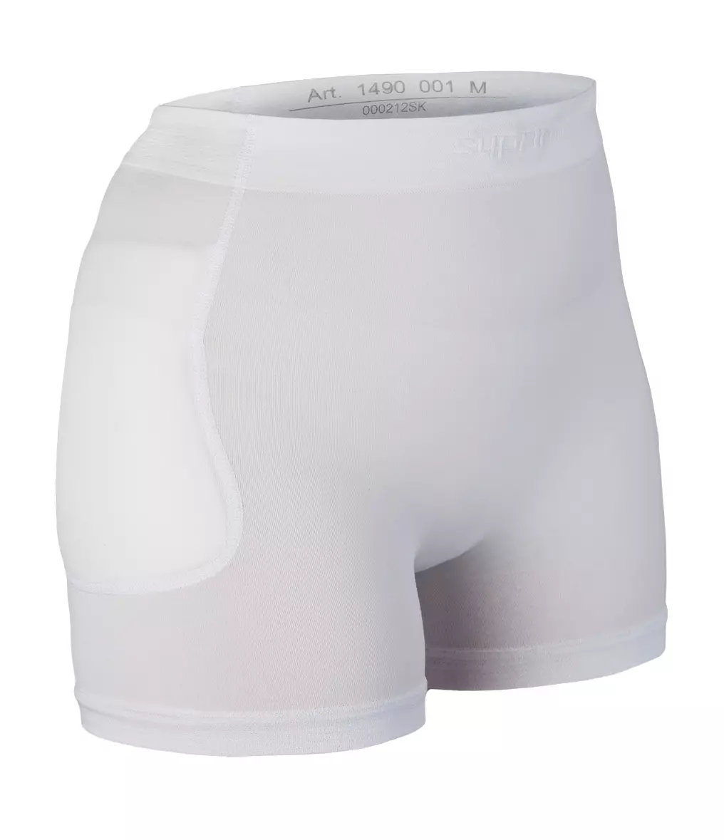 Suprima Hüftschutzhose 1490 in Weiß, unisex, nahtlos rundgestrickt für perfekte Passform, breiter Komfortbund, seitliche Taschen zur Aufnahme von Protektoren, schützt den Oberschenkelhals, hoher Tragekomfort. 1490