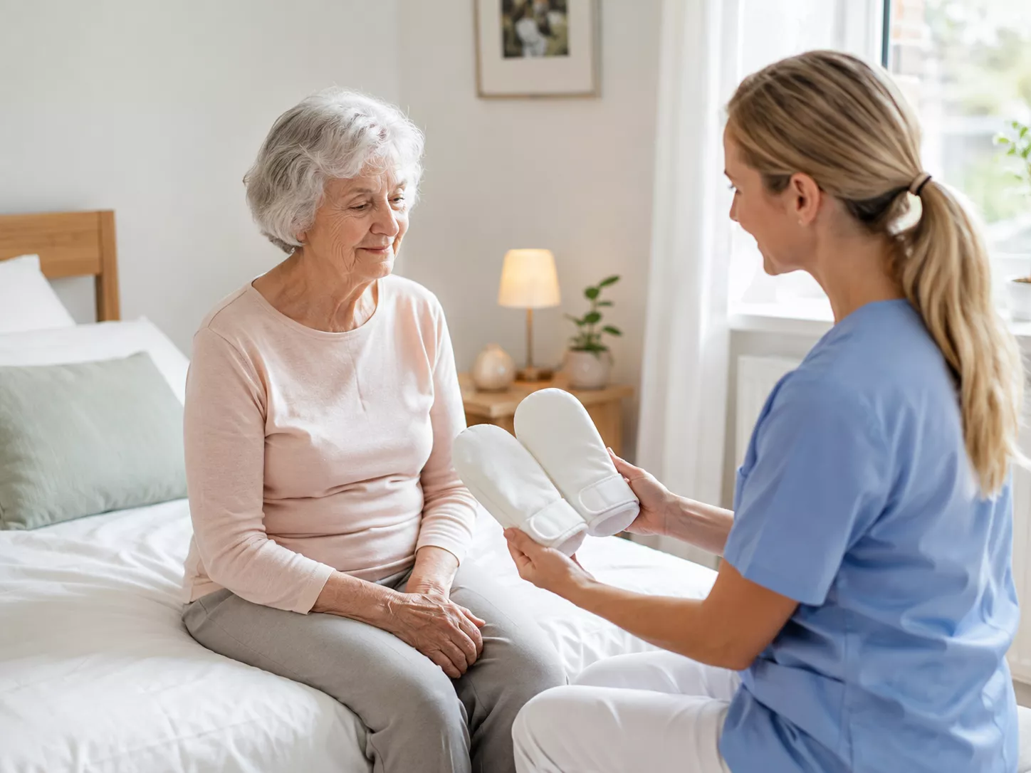 Pflegekraft zeigt einer Seniorin weiße Patientenschutzhandschuhe im Schlafzimmer