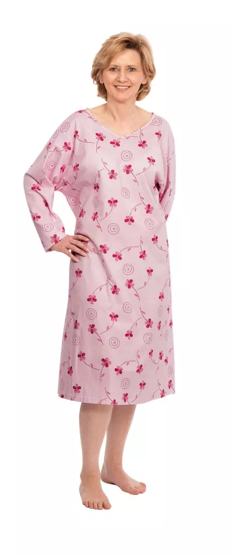 Pflegehemd 4070 von Suprima – Langarm, offenes Rückenteil mit Bindeverschluss, 100 % Baumwolle, florales Design. 4070