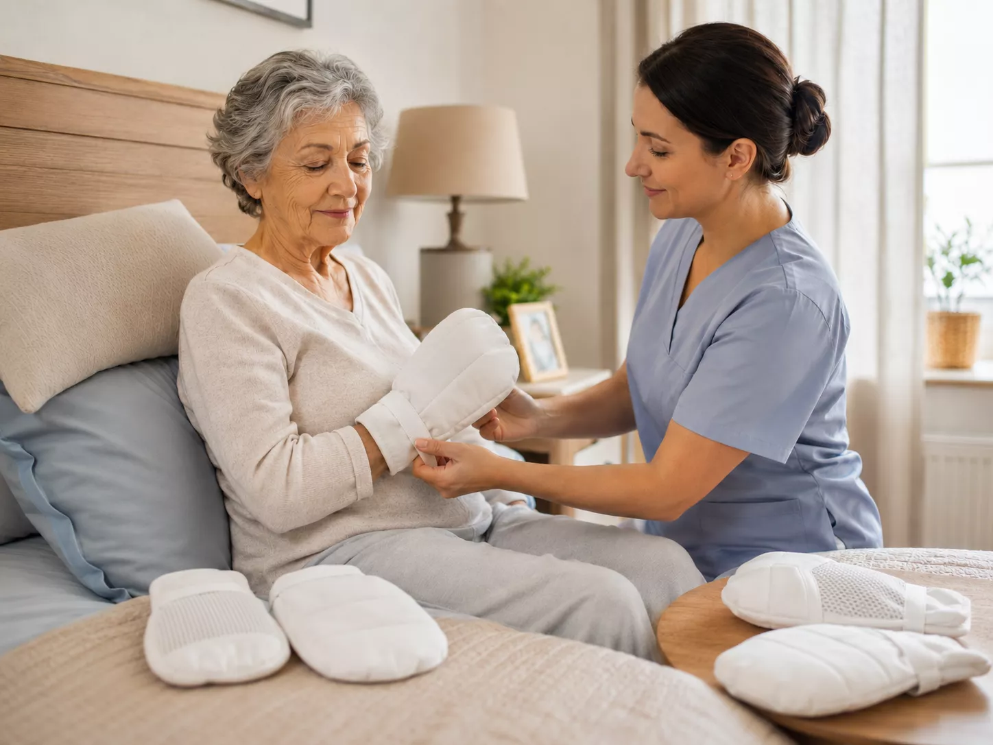 Pflegekraft legt einer Seniorin weiße Patienten-Schutzhandschuhe im Pflegealltag an