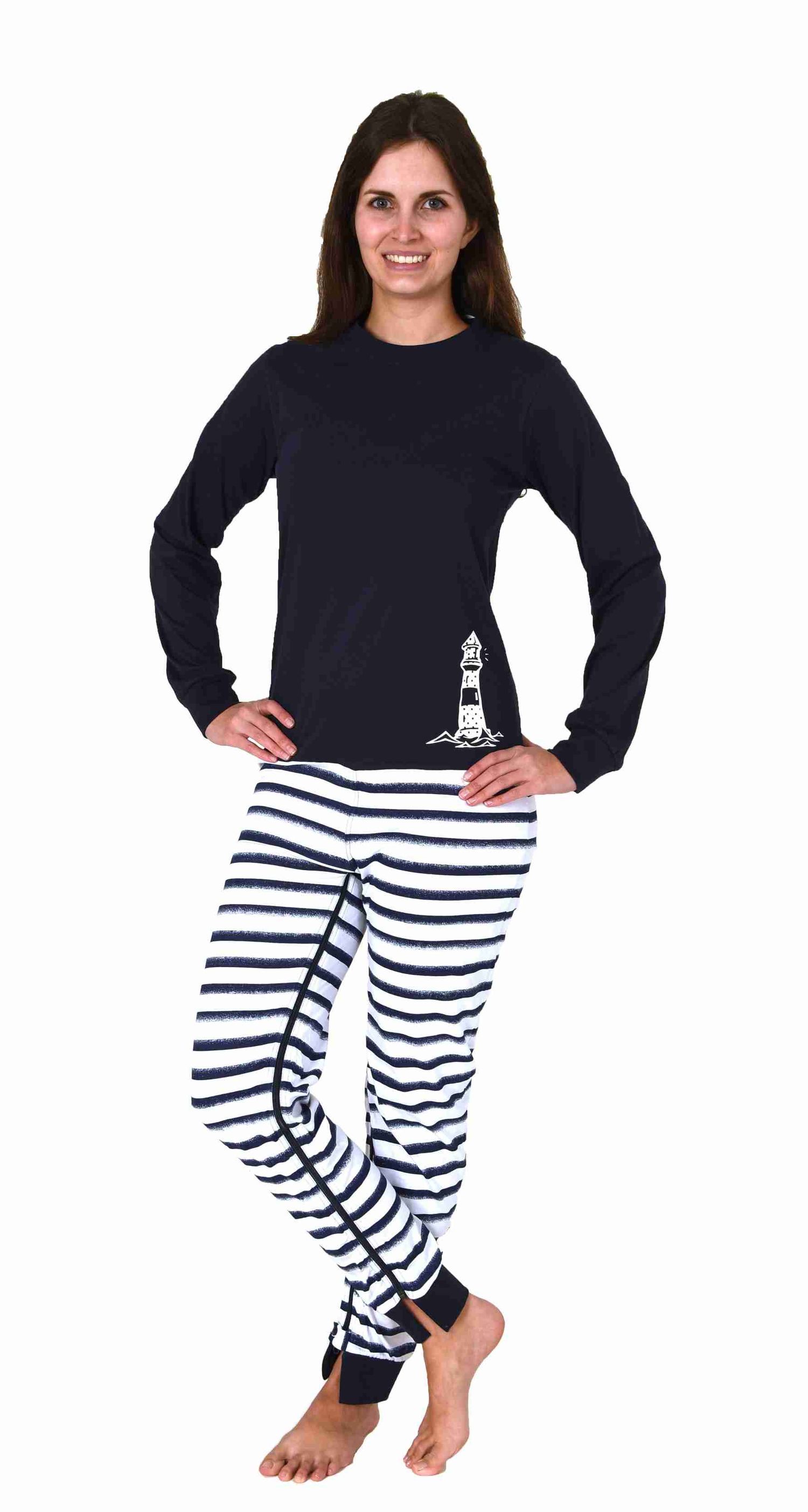 Pflegeoverall maritim NormannCare Damen langarm/langbein mit Leuchtturmprint