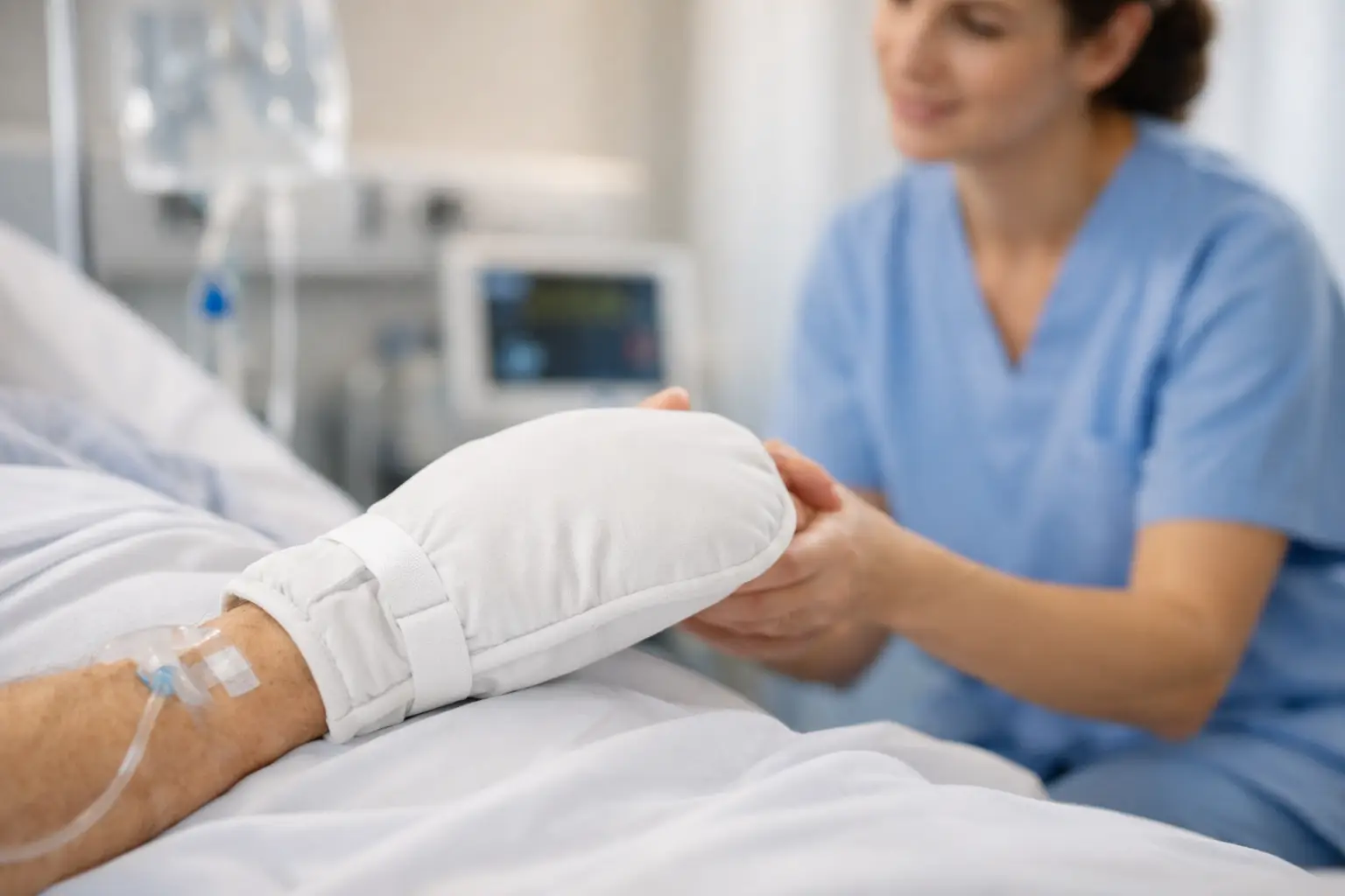 Weißer Pflege-Fäustling an der Hand eines Patienten im Pflegebett