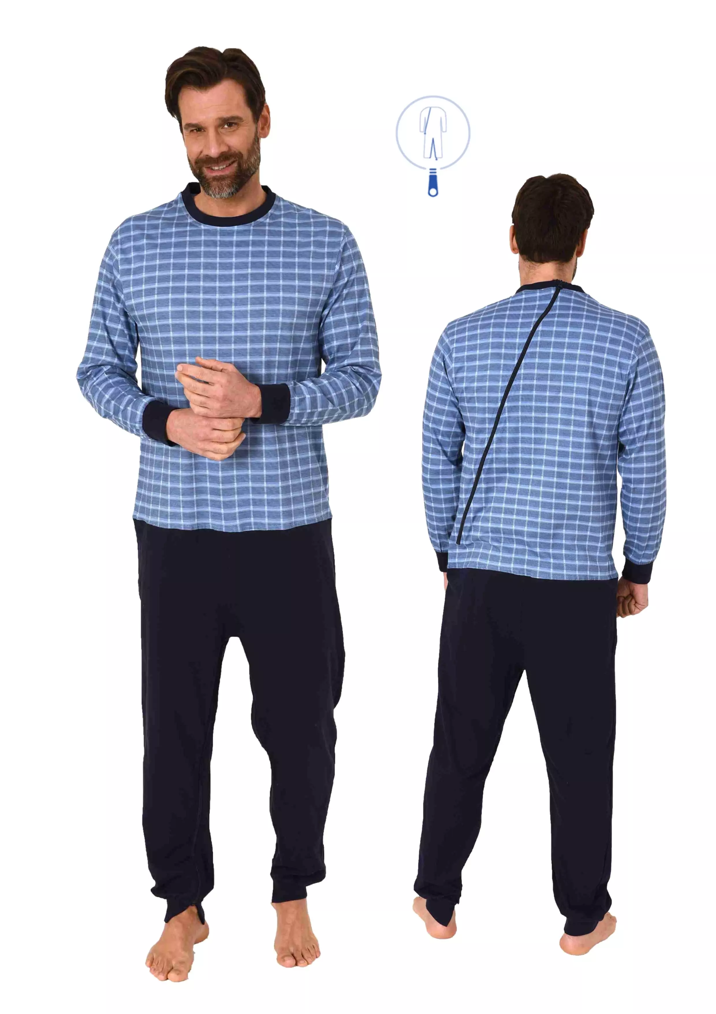 Pflegeoverall mit Rücken- und Beinreißverschluss für Herren kariertes Oberteil