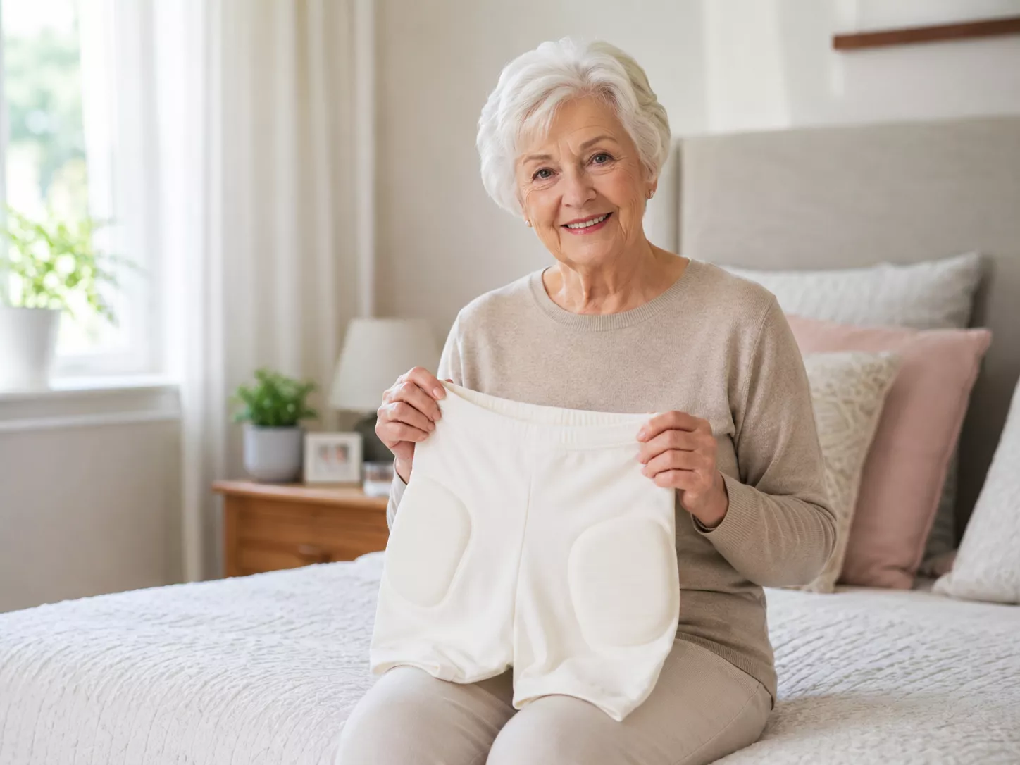 Seniorin hält eine Hüftschutzhose mit Protektoren im Schlafzimmer