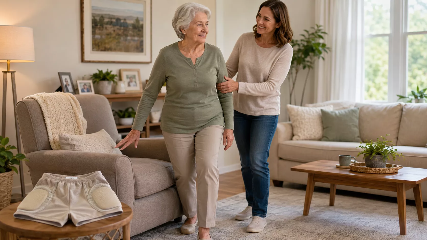 Seniorin übt sicheres Gehen im Wohnzimmer mit Unterstützung einer Angehörigen, Hüftschutzhose liegt sichtbar im Vordergrund