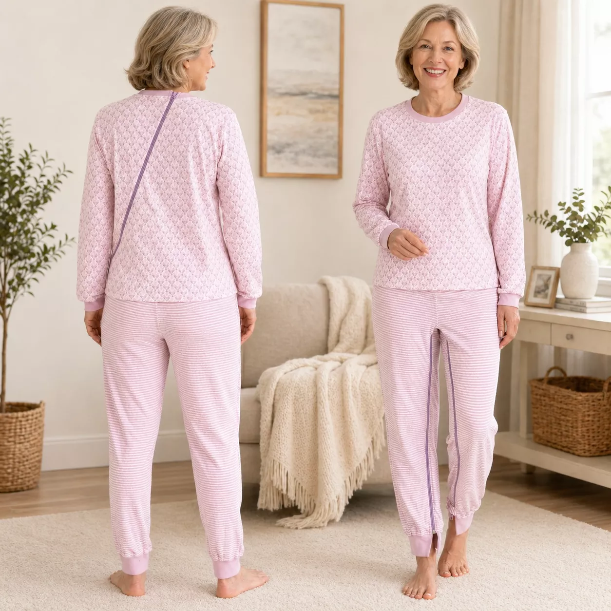 Pflegeoverall Damen NormannCare Doppel-RV in Rose - Front- und Rückansicht
